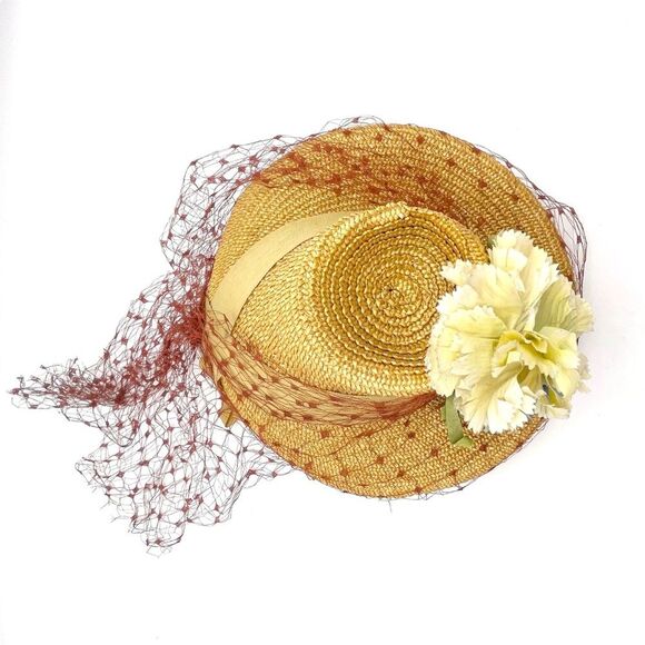 Vintage 1950s Straw Hat w/ Veil & Flowers Cream & Blue Millinery Fascinator Net